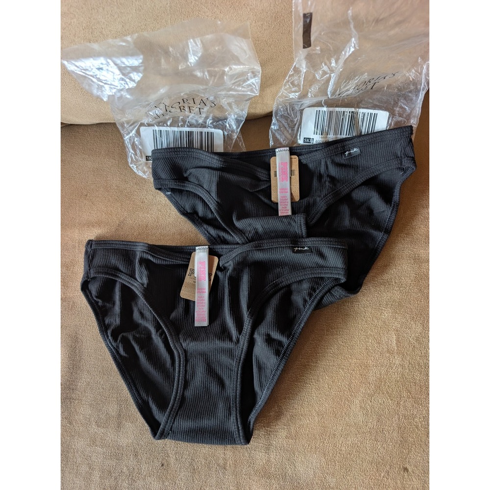 Victoria's Secret PINK Ribbed Bikini Panties Set of 2 Black Small NWT 11163945